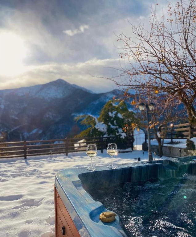 PessinettoSunrise Inn & Spa的雪地里，游泳池旁放着两只酒杯。