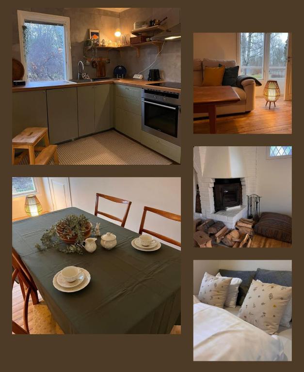 a collage of pictures of a kitchen and a dining table at Sofias Lovely Little House in Stockholm
