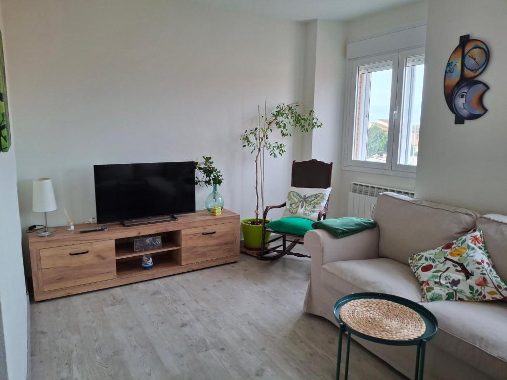 a living room with a couch and a flat screen tv at La Vivienda de Morales in Morales del Vino