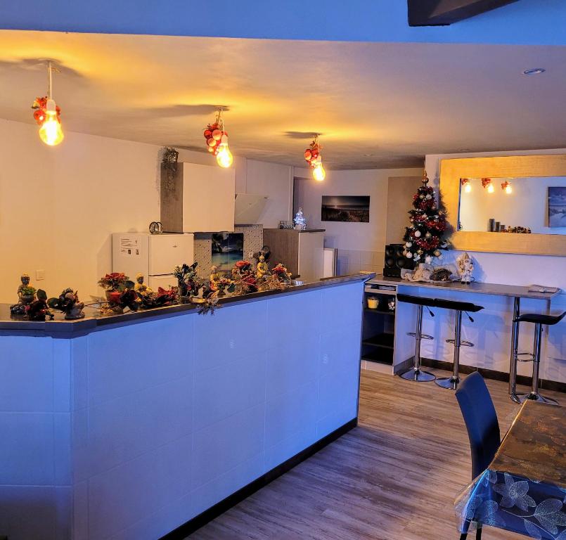 eine Küche mit einer Arbeitsplatte und eine Küche mit einem Weihnachtsbaum in der Unterkunft Maison Princesse in La Tranche-sur-Mer