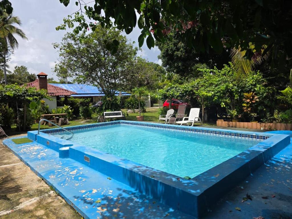 a swimming pool in a backyard with a blue pool at Casa jardín nueva gorgona in Nueva Gorgona