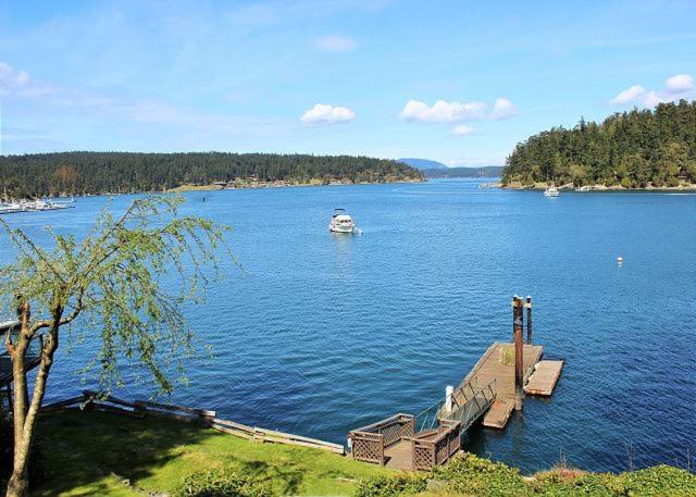 a boat is docked at a dock on a lake at Friday Harbor Lights in Friday Harbor