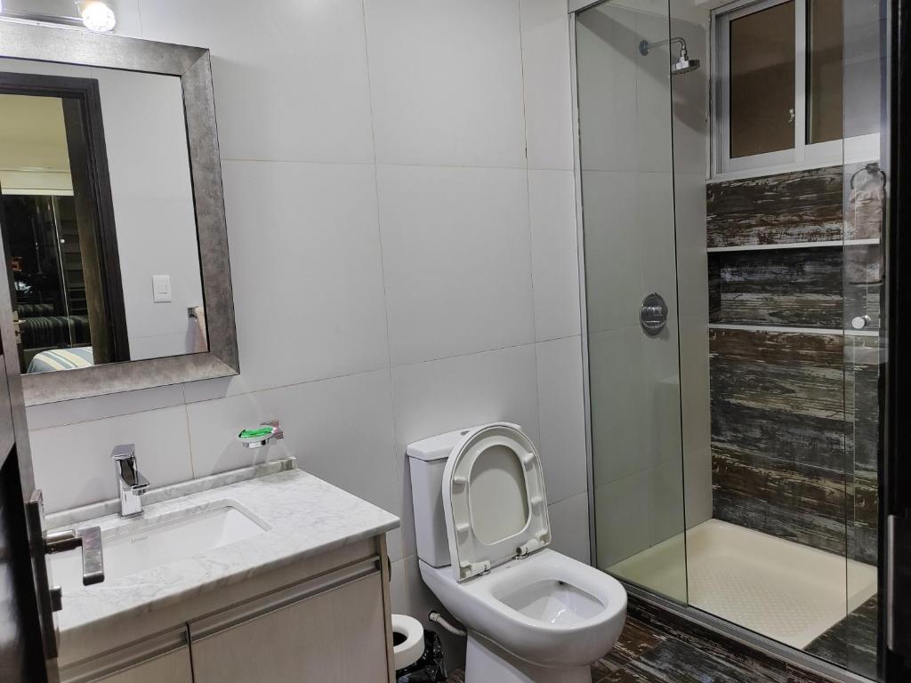 a bathroom with a toilet and a sink and a shower at 2p Departamento en Torres Ventura in Cochabamba