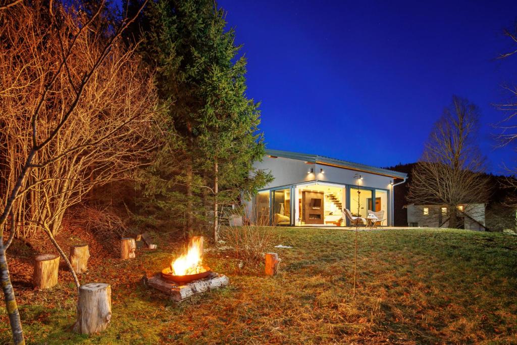 un focolare in un cortile di fronte a una casa di Valdora - Forest Oasis 
