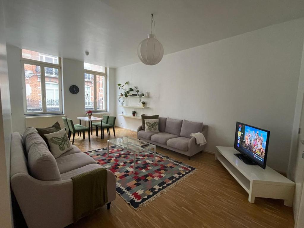 a living room with a couch and a tv at Central Hub in Brussels