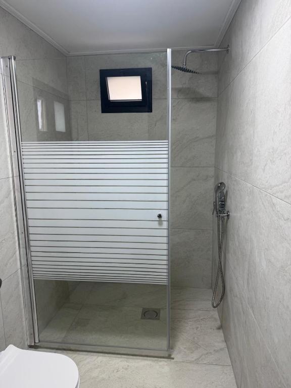 a shower with a glass door in a bathroom at רויאל דליה in Dāliyat el Karmil