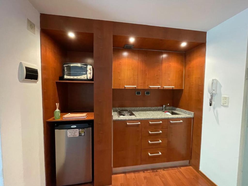 ブエノスアイレスにあるSinclair 3044の木製のキャビネットと冷蔵庫を備えた小さなキッチン