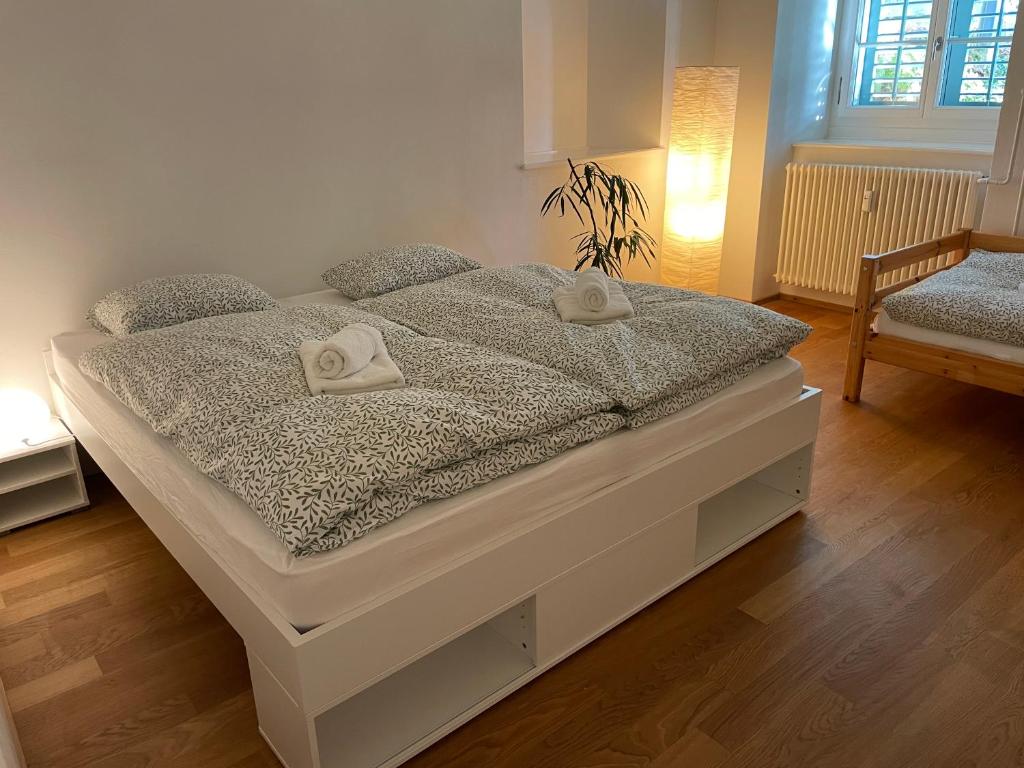 Ένα ή περισσότερα κρεβάτια σε δωμάτιο στο Spacious light-flooded apartment with garden at Lake Zurich