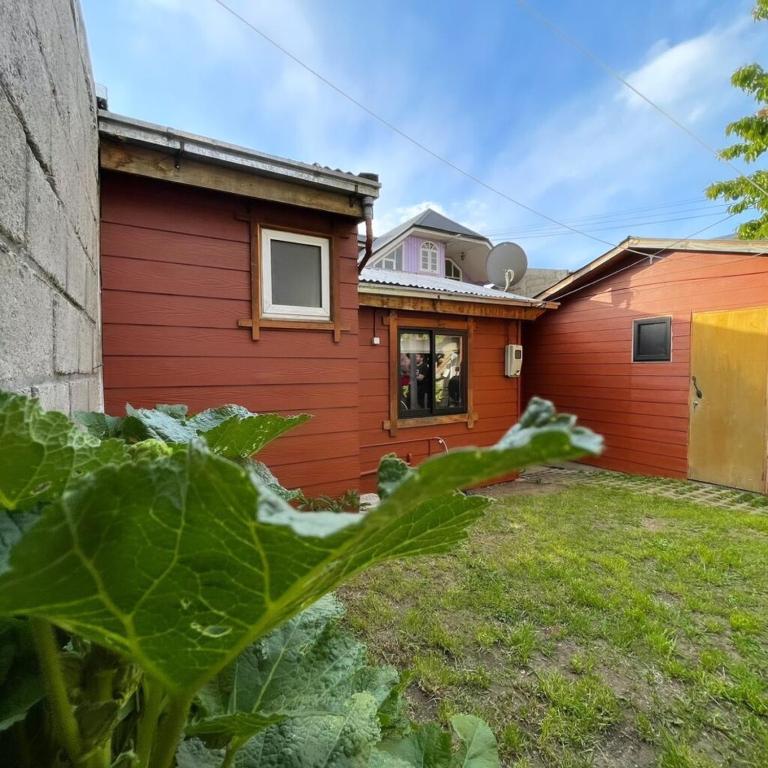 a red house with a large leafy plant in front of it at Casa Rústica Yemel Aike in Coihaique