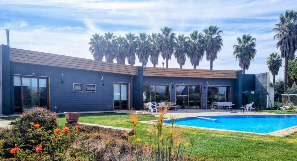 a house with a swimming pool and palm trees at Casa Limache,5 dormitorios, 6 baños, piscina cancha 