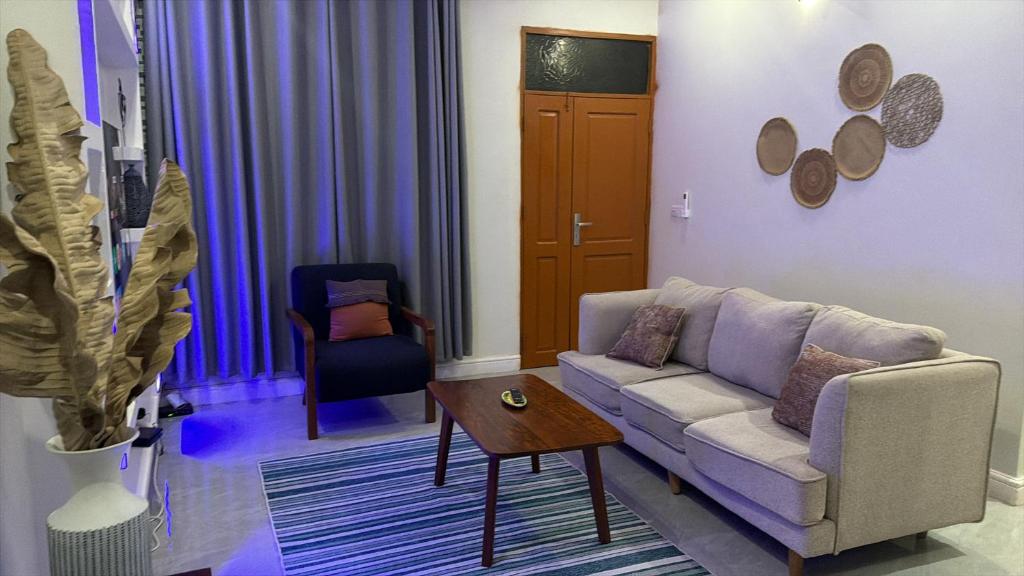 DodomaAmani Homes Appartment Dodoma的客厅里有一张沙发和一张桌子。