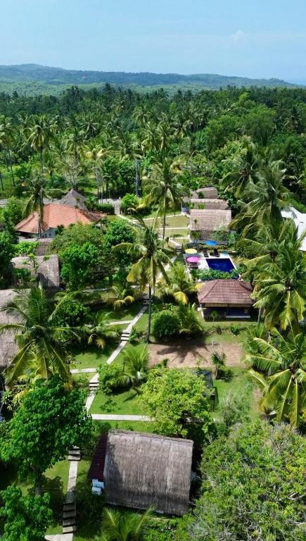 an aerial view of a resort with palm trees at Namaste Bungalows Resort in Nusa Penida