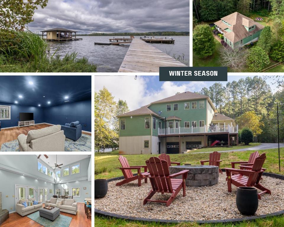 a collage of pictures of homes on the water at Cozy Lake Getaway with Firepit, Lake Access, Theatre in Boydton