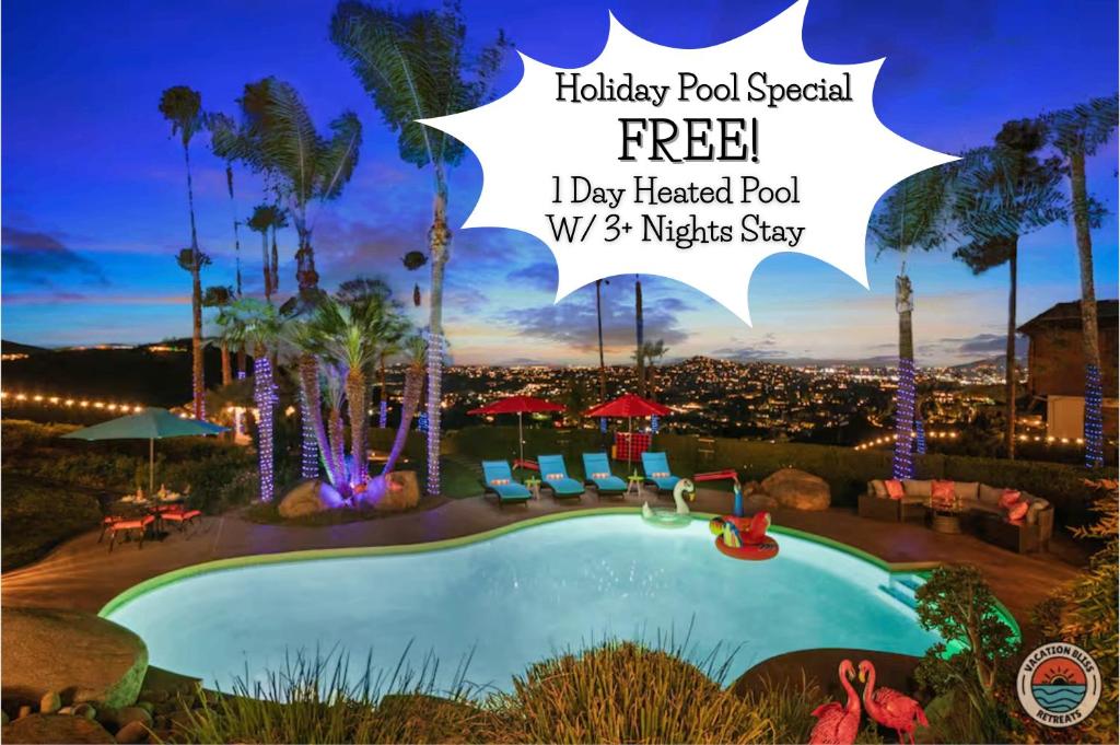 um folheto para uma promoção especial de férias com piscina aquecida gratuita durante o dia e noites com céu estrelado em Sprawling Hilltop Retreat- Pool, Views, Sleeps 30! em El Cajon