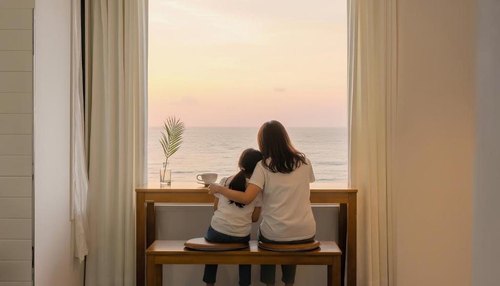 Een vrouw en een kind zitten op een bankje en kijken door een raam naar de oceaan. bij Sokcho Moreve Pension in Sokcho
