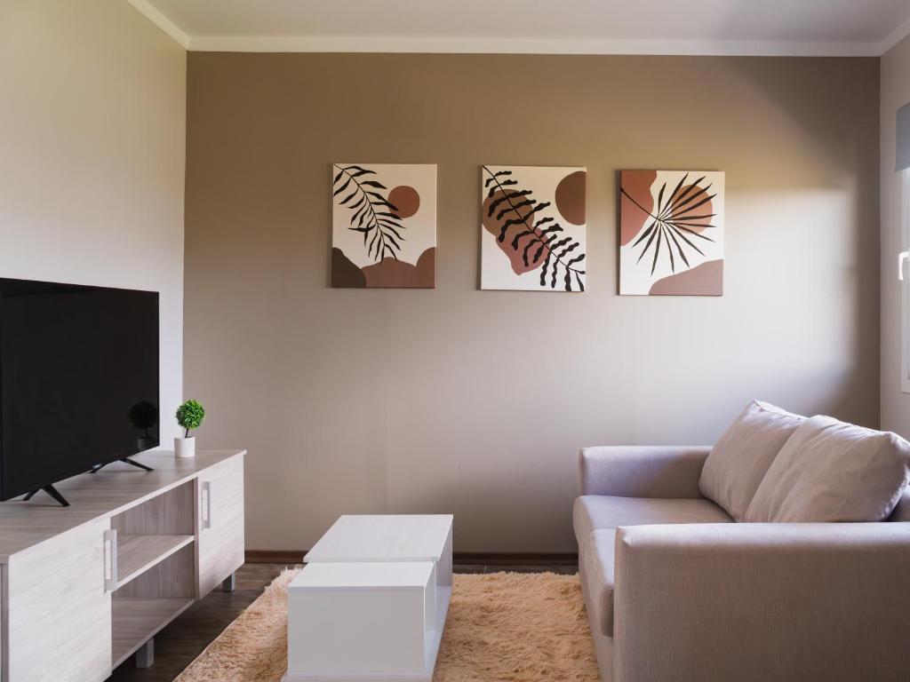 a living room with a couch and a tv at Femiba in El Calafate