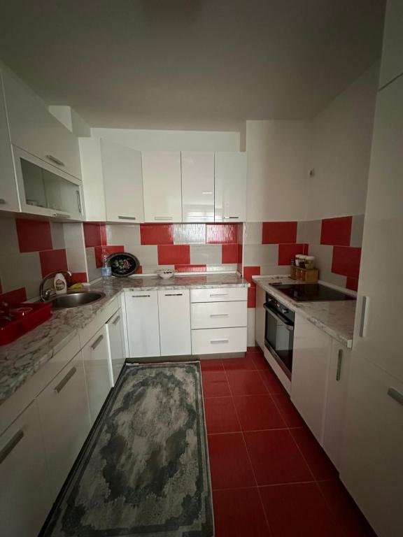 een kleine keuken met witte kasten en rode tegels bij Apartman Ranija in Rožaje