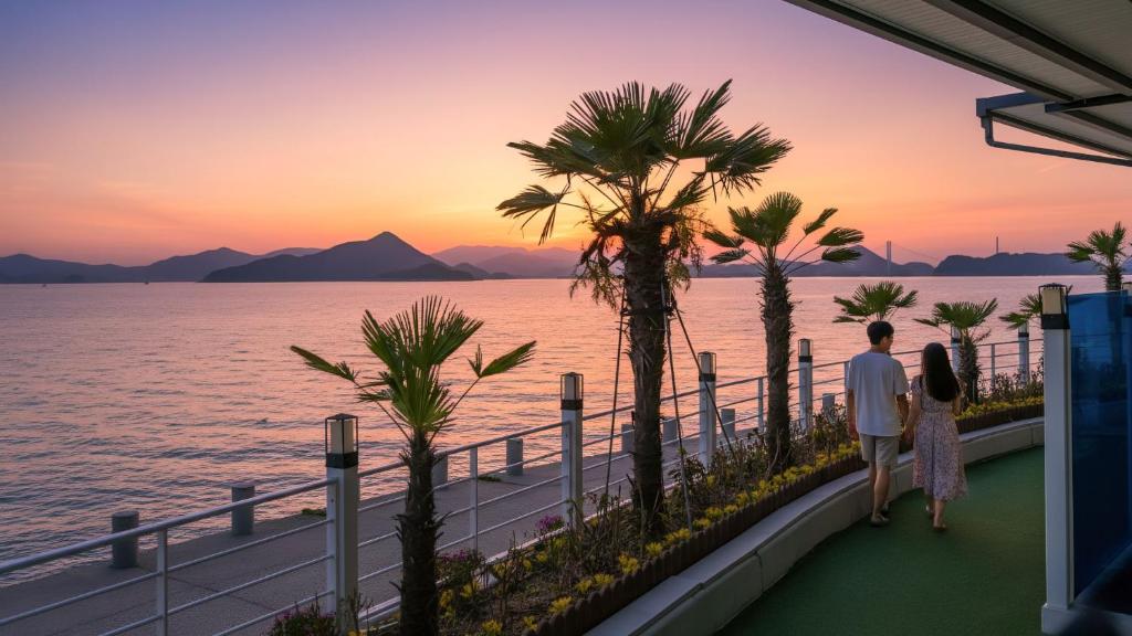 Una pareja caminando por una pasarela hacia el agua con una puesta de sol. en Yeosu Baraboda Ocean View Pension, en Yeosu