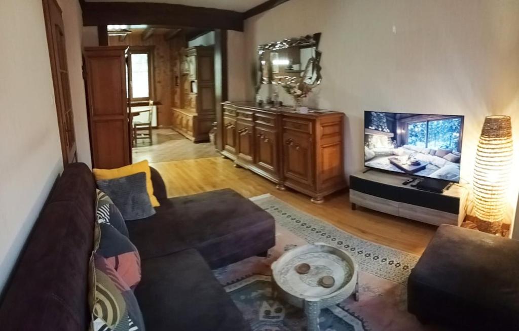 Gîte avec sauna في Soucht: غرفة معيشة مع أريكة وتلفزيون بشاشة مسطحة