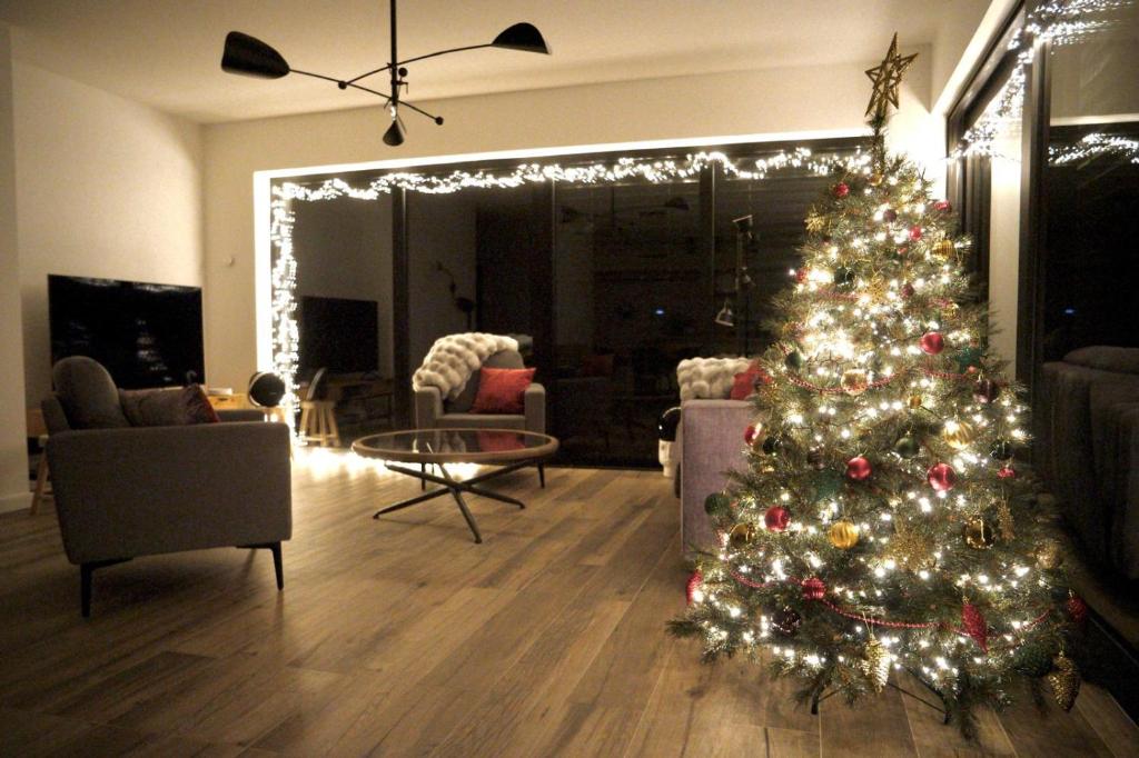 Ecolodge 4étoiles Luxe, détente et balnéo dans la forêt في Métairies-Saint-Quirin: غرفة معيشة مع شجرة عيد الميلاد في غرفة معيشة