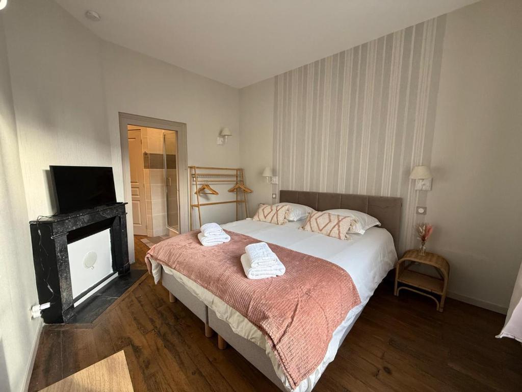 una camera da letto con un letto grande e un camino di Horizon Troyen T11 a Troyes