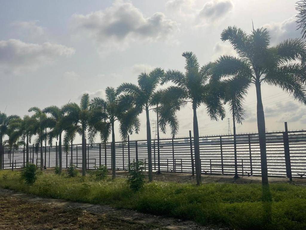 een rij palmbomen voor een hek bij Homegate Marina Waterview Apartment in Araromi