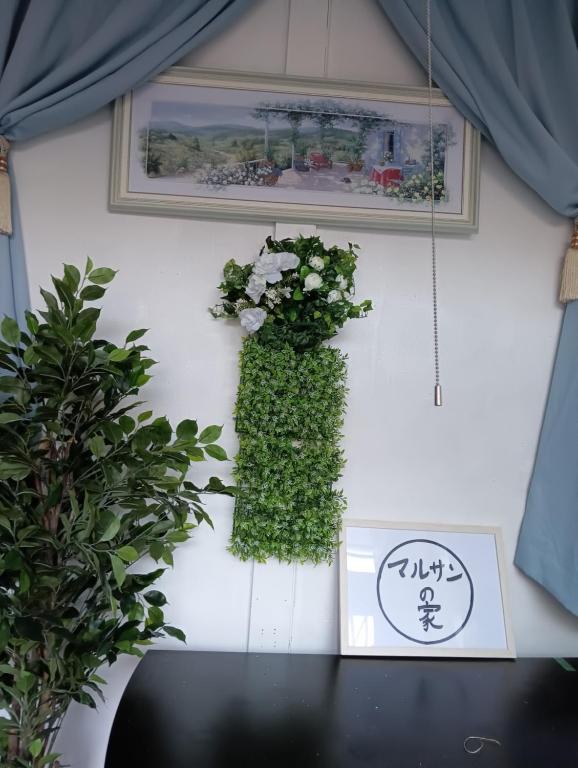 ein Tisch mit einer Pflanze, die an einer Wand hängt in der Unterkunft marusan houseマルさんの家 in Osaka