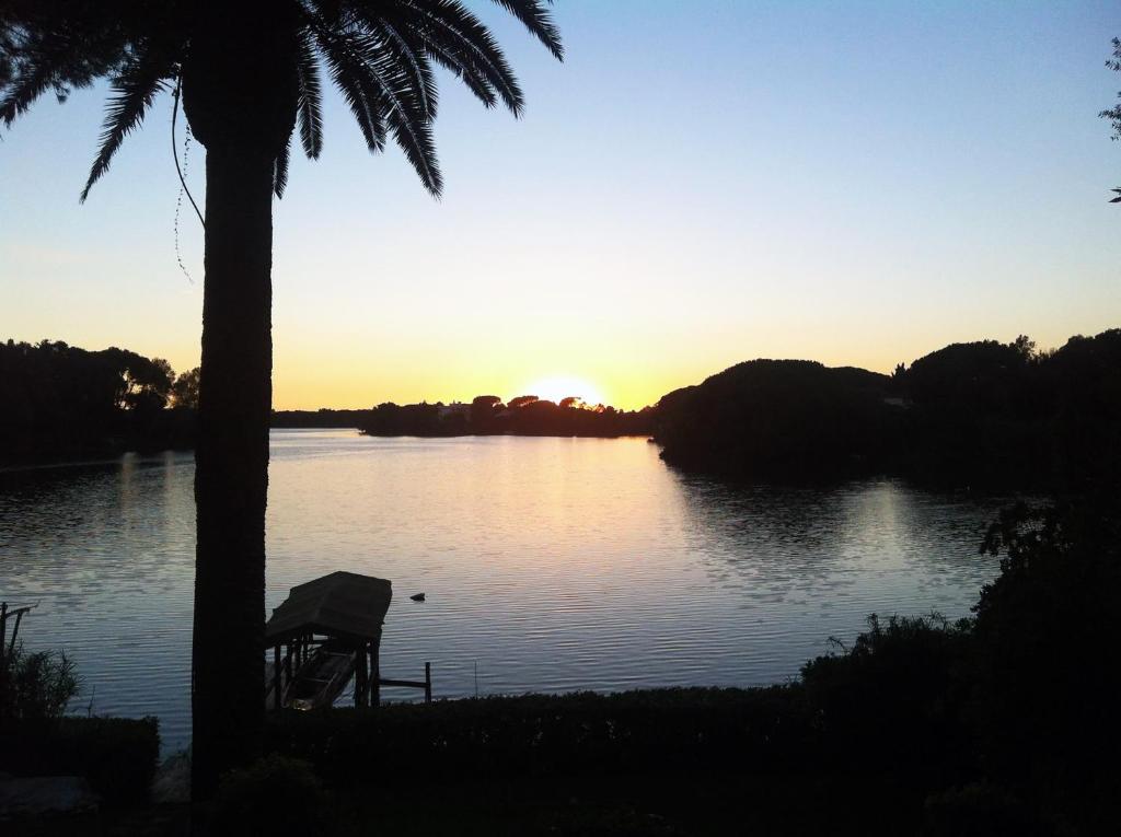 een zonsondergang boven een meer met een boom en een bank bij Villa sull'Acqua in Sabaudia