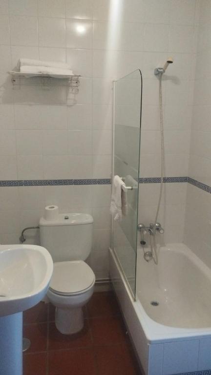 a bathroom with a toilet and a shower and a sink at Casa rural La rectoral in Areas