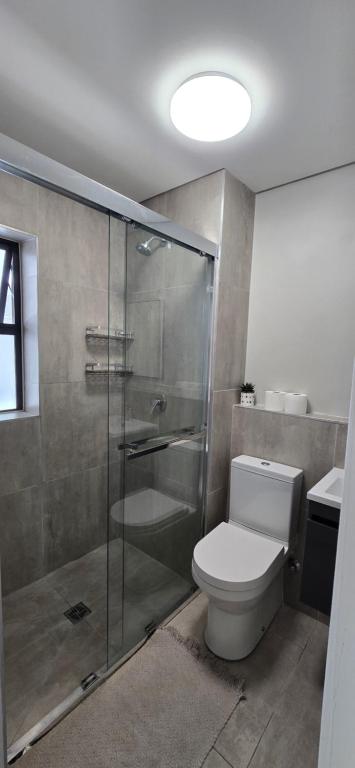 un bagno con wc e doccia in vetro di Ebbies place a Cape Town