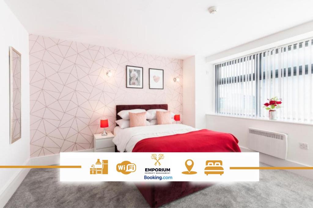 une chambre blanche avec un lit rouge et une fenêtre dans l'établissement Brindley 2BDR Apartment By Emporium Property Management Short Lets & Serviced Accommodation Birmingham On The 15th Floor Offering Panoramic City Views With Free WiFi, à Birmingham