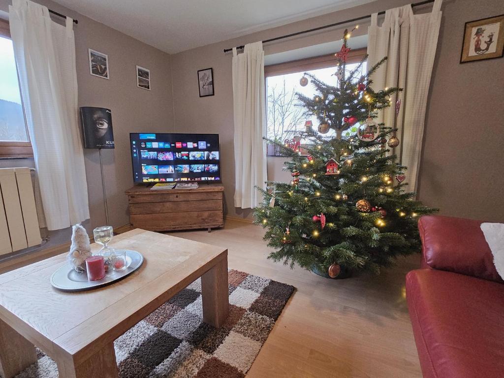 una sala de estar con un árbol de Navidad y una mesa en Le Plein Sud, en Stoumont