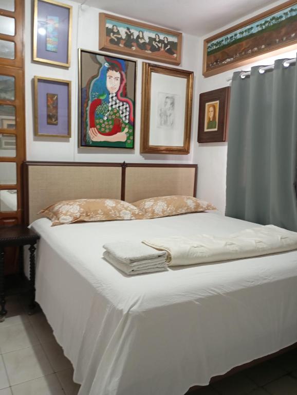 维多利亚-达孔基斯塔Mini Hostel Fine Art的房间里的一张床，墙上挂着照片