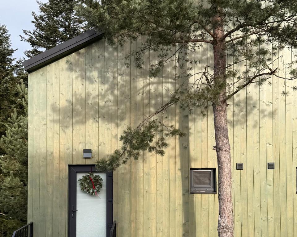 ein Gebäude mit einer Tür und einem Baum in der Unterkunft Зелено Східниця in Schidnyzja