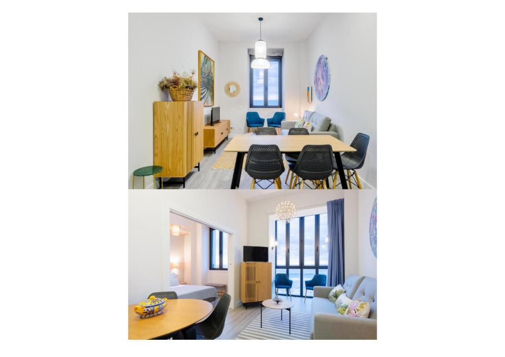 Dos fotografías de una sala de estar y un comedor. en Apartamentos La Xiuca Playa, en Gijón