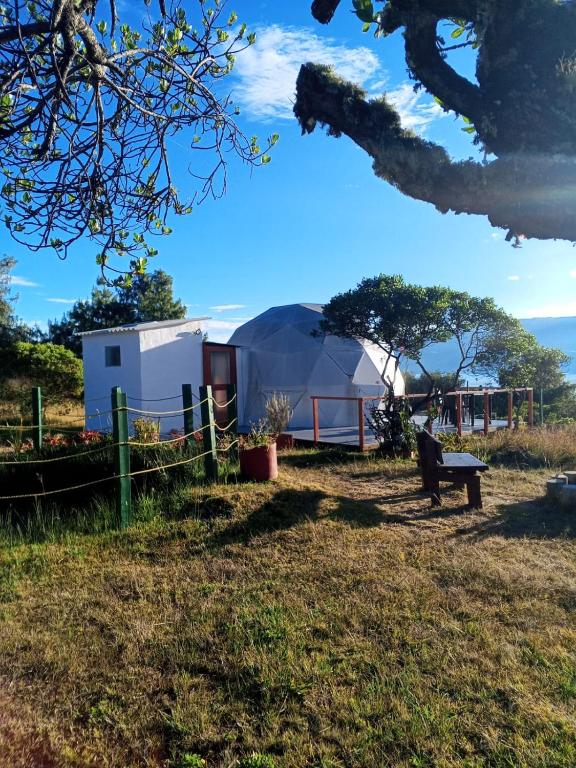 瓜塔维塔Hospedaje Mafer的田野上带长凳的大帐篷