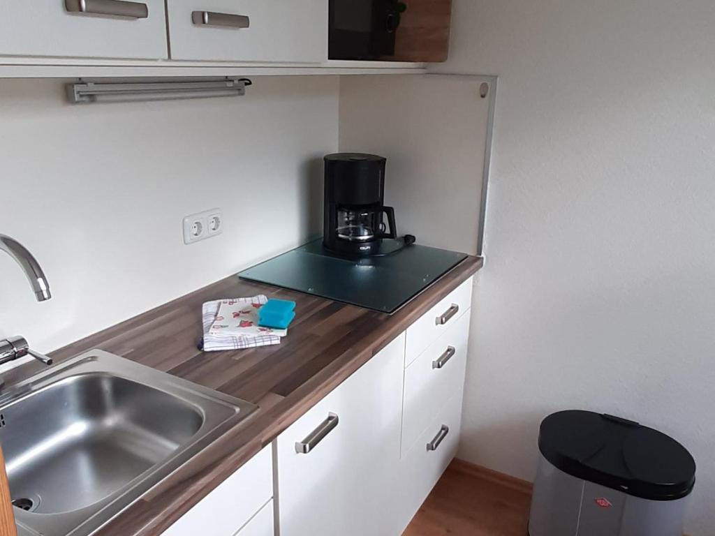 eine Küche mit einer Spüle und einer Kaffeemaschine auf der Theke in der Unterkunft Ferienwohnung Bergfrieden in Fischen im Allgäu