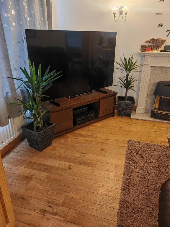 Una sala de estar con un televisor de pantalla plana grande. en Festohomes1 at rushden, en Rushden