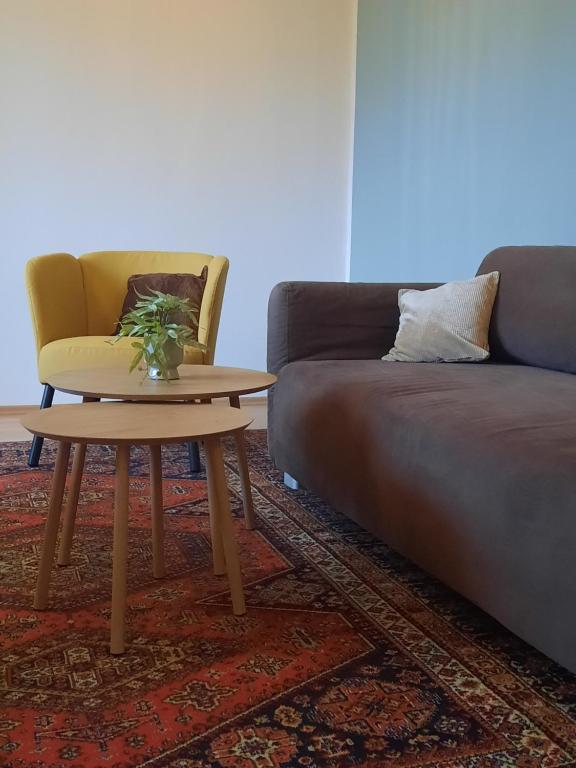 een woonkamer met een bank en een salontafel bij Im Stauberhaus in Kirchdorf an der Krems