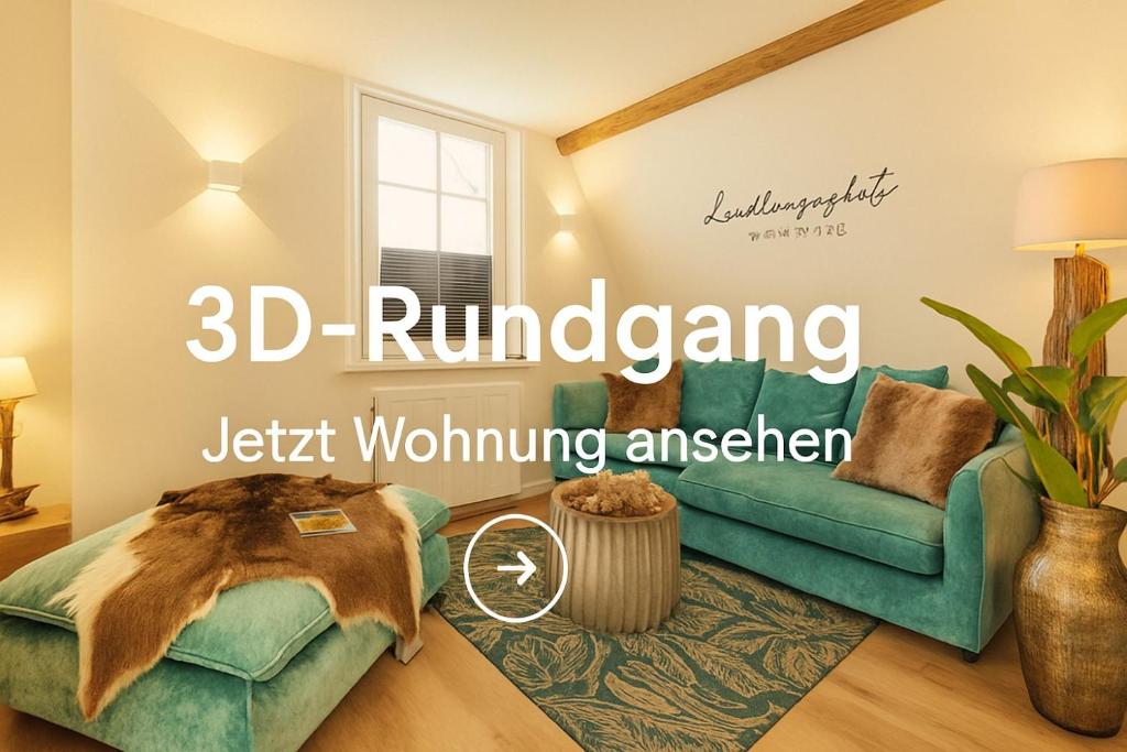 a rendering of a living room with a blue couch at Harzlodge Lebenstraum in Braunlage