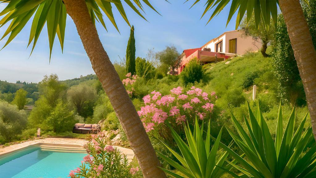 a house on a hill with a swimming pool and flowers at VillaCarros - Studios in Sea & Mountain Villa near Nice with Idyllic View in Carros