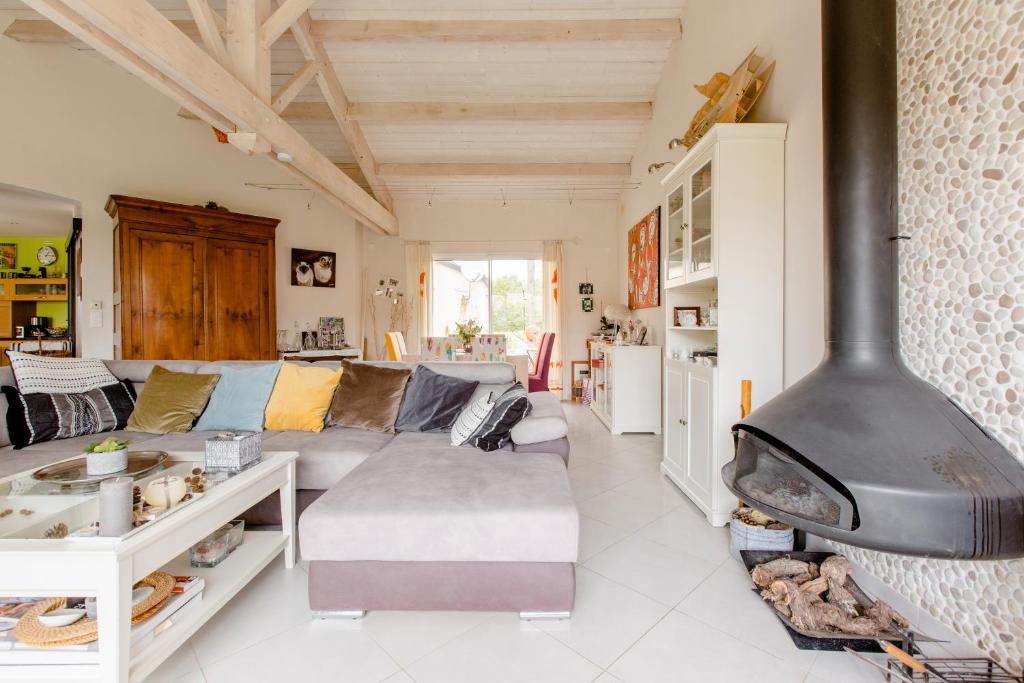 ein Wohnzimmer mit Sofa und Kamin in der Unterkunft Chambre d'hôtes - Acrifolia in Aigrefeuille-sur-Maine