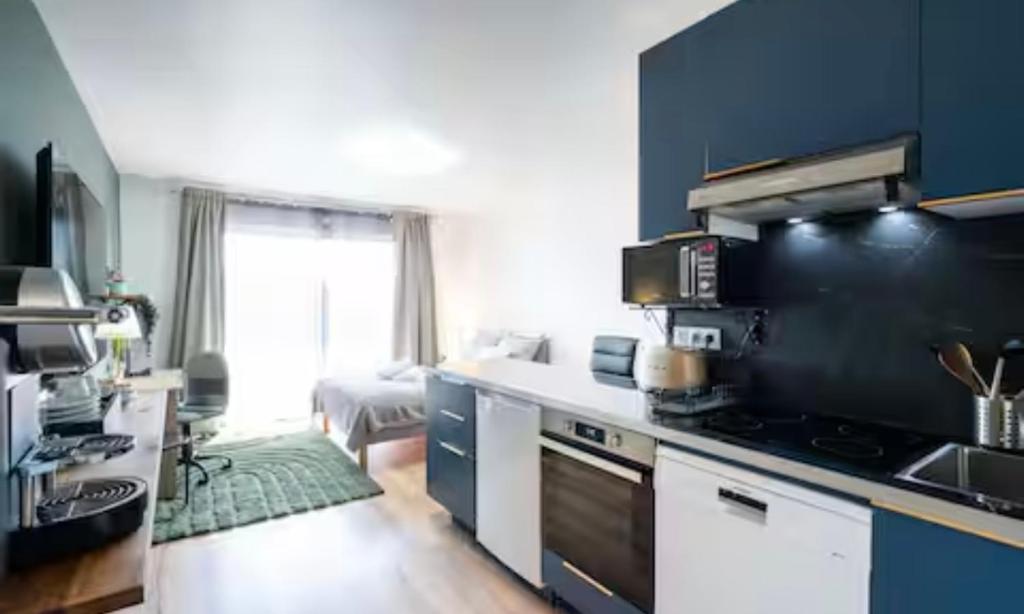 eine Küche mit blauen Wänden und einem Herd mit Backofen in der Unterkunft luxueux a coté de la Mer in Nizza