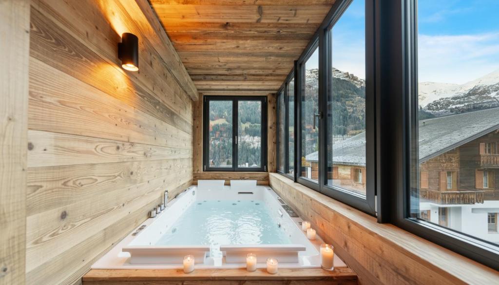 a bath tub in a room with windows at Chalet Dents Blanches - Latitude Champéry in Champéry