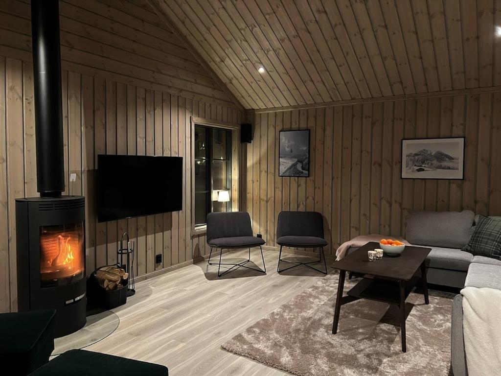 Una sala de estar con un sofá y una chimenea. en Cosy cabin on Branäsberget - Illern 50, en Sysslebäck