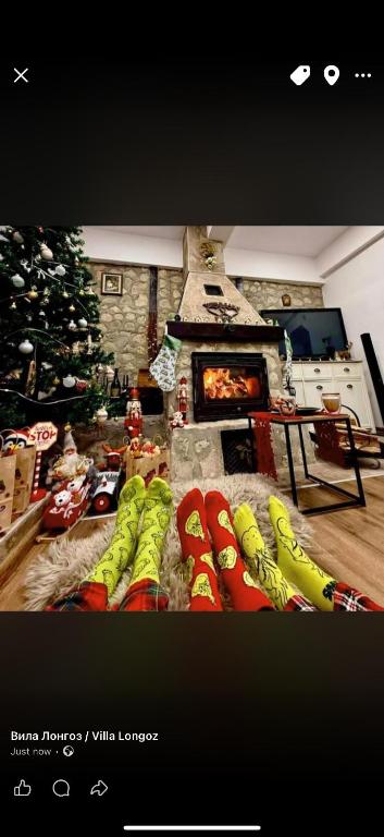 a living room with a christmas tree and a group of snowboards at Вила Лонгоз in Dŭbravino