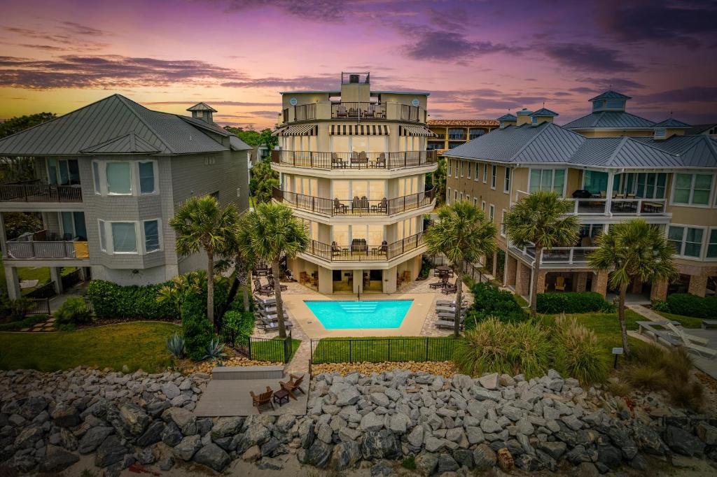 an aerial view of a large house with a swimming pool at Shiphouse 1 - First Floor in East End