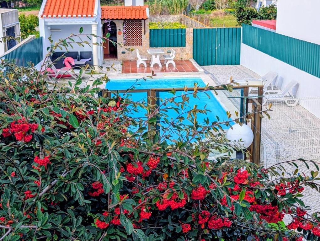 einen Garten mit roten Blumen und einem Pool in der Unterkunft Onda Atlântica - Atlantic Wave Peniche in Peniche