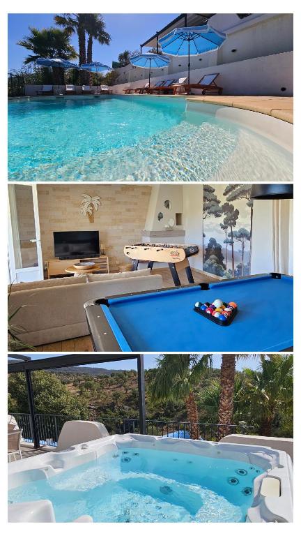 a collage of two pictures of a swimming pool at La Bohem'Azur Villa Golfe St Tropez 170m2 5 chambres Piscine Spa Magnifique Vue Dégagée Déco Bohème Chic in Sainte-Maxime