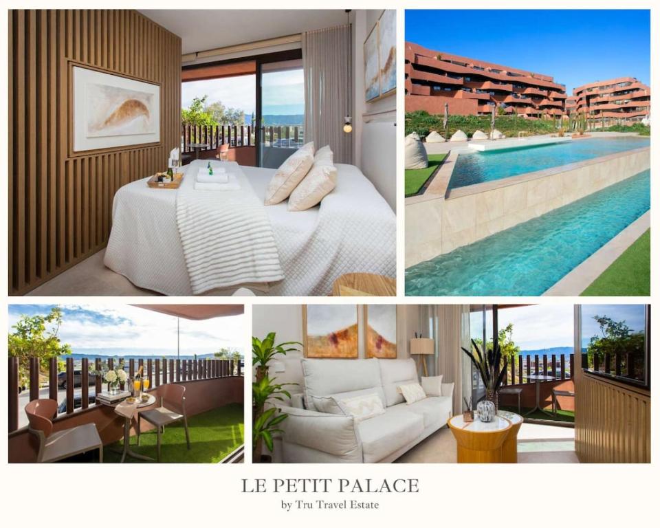 eine Collage mit Bildern eines Hotelzimmers mit einem Bett und einem Pool in der Unterkunft Le Petit Palace in Guadalupe